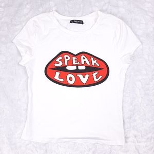 Shein Speak Love 90s Y2K style graphic baby tee white crewneck boxy cap sleeve